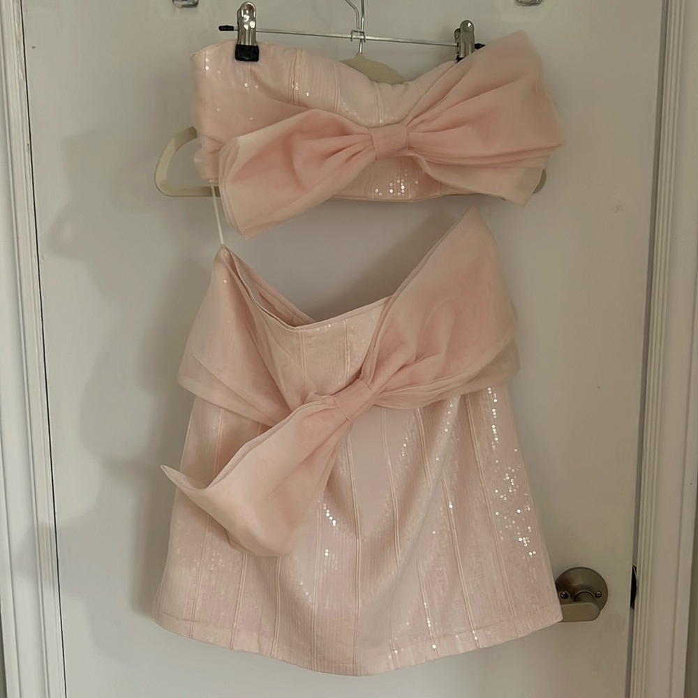 Pink sequin bow and skirt set